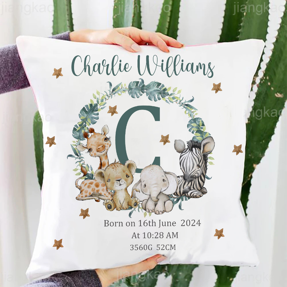 Baby Nursery Animal Prints - Personalized Safari Animal with Name Pillow
