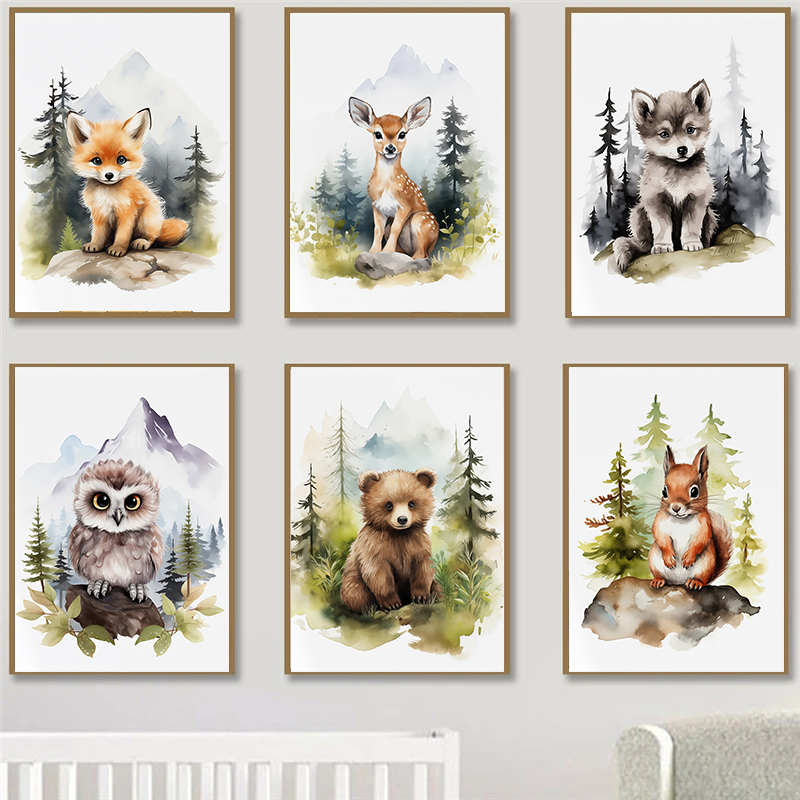 Baby Nursery Animal Prints - 1pc frameless Canvas Painting Watercolor Woodland
