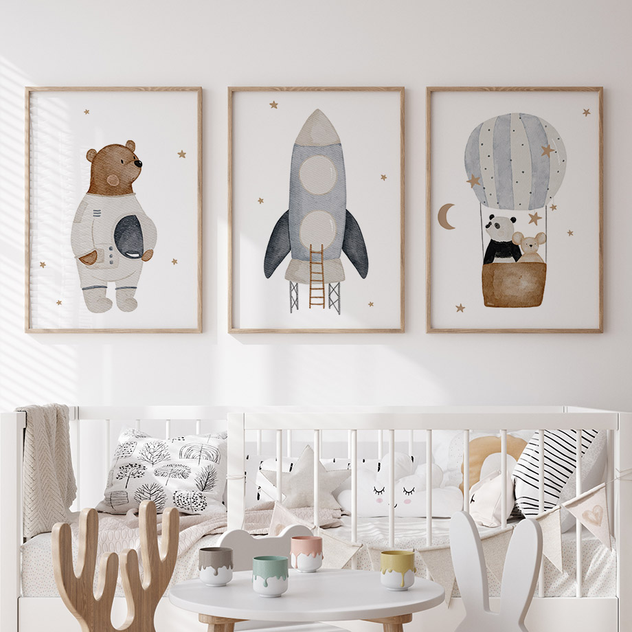Baby Nursery Art - Boho Space Rocket Bear Panda Mouse