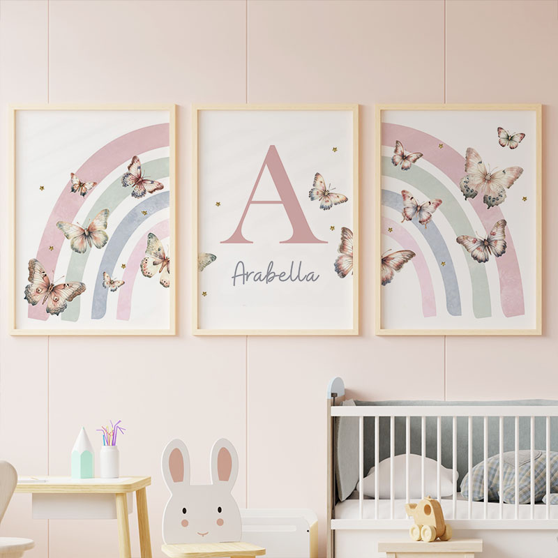 Baby Nursery Pink - Pink Rainbow Butterfly Custom Baby Name