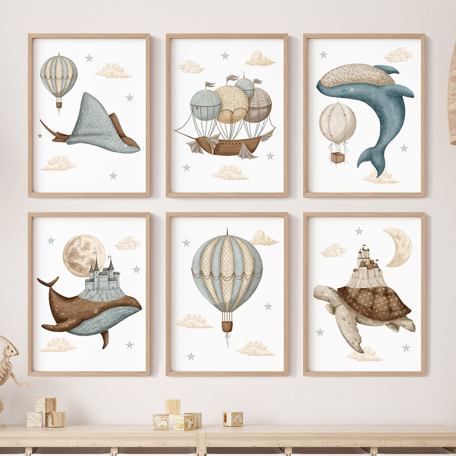 Baby Nursery Art - Whale Turtle Castle Balloon Nordic Nursery
